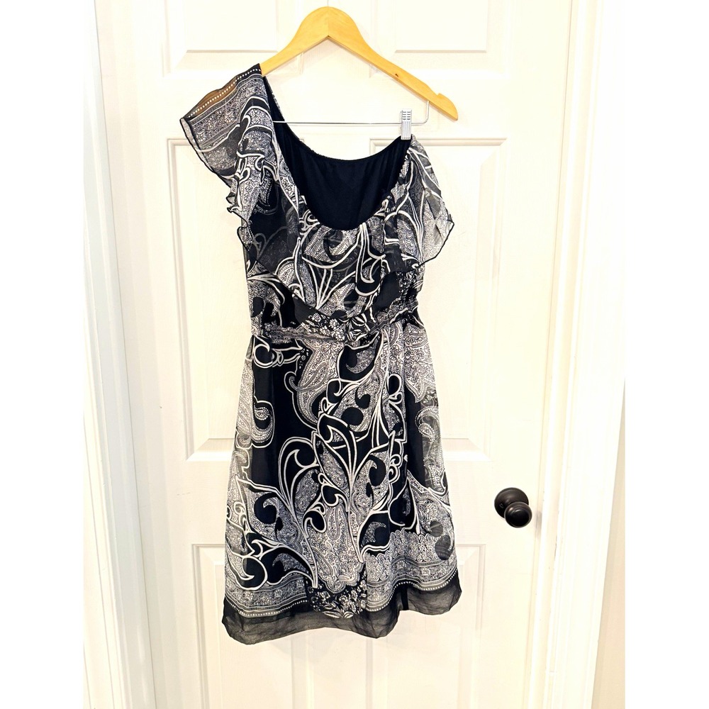 New York & Company Black & White Paisley Ruffle Sleeve Scoop Neck A-Line M